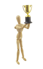 Mannequin holding champion trophy cup on white background.	