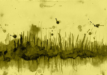 abstract landscape drawing with watercolor yellow and black.
