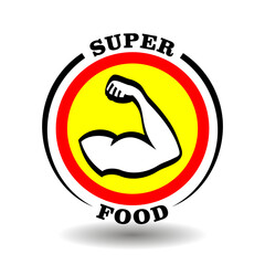 Creative round logo Super Food with muscle male arm icon, strong shoulder sign, athletic man hand pictogram for healthy meal symbol, sport nutrition label, organic dieting packaging
