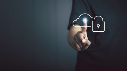 Cloud security technology protection concept. Finger scan Cloud with Padlock icon,  Upload backup data on the cloud keep for privacy database.