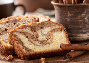 Sliced cinnamon swirl loaf cake