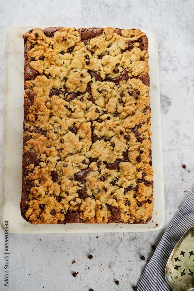 Poster homemade brookies or chocolate chip brownie bars, selective focus