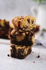 Homemade brookies or chocolate chip brownie bars, selective focus