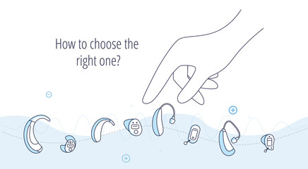 Hearing aids for the hearing impaired and the deaf.The hand reaches for the right hearing aid.ENT doctor brochure