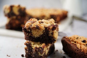 Homemade brookies or chocolate chip brownie bars, selective focus