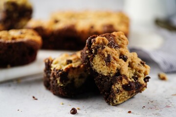 Homemade brookies or chocolate chip brownie bars, selective focus