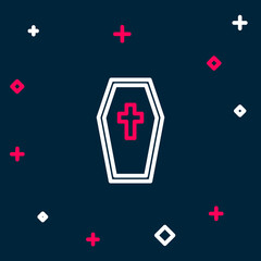 Line Coffin with christian cross icon isolated on blue background. Happy Halloween party. Colorful outline concept. Vector