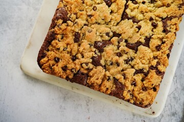 Homemade brookies or chocolate chip brownie bars, selective focus