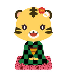 市松模様の着物を着た正座をしているトラの女の子のキャラクターのイラスト