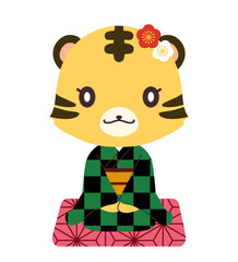 市松模様の着物を着た正座をしているトラの女の子のキャラクターのイラスト