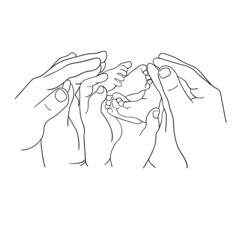 Hands of the child. Newborn illustration on white background. Monochrome Family hands with baby lineart