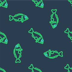 Line Fish icon isolated seamless pattern on blue background. Vector