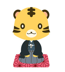 麻の葉文様の座布団に正座で座っているトラのキャラクターのイラスト