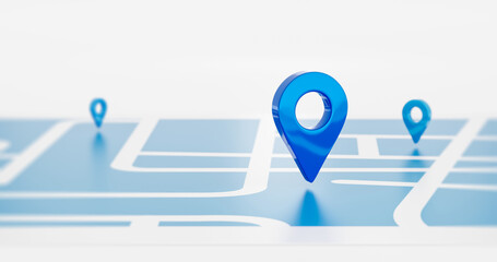 Blue location symbol pin icon sign or navigation locator map travel gps direction pointer and marker place position point design element on route graphic road mark destination background. 3D render. © Lemonsoup14