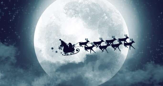 Santa clause sleigh and reindeer flying over the moon