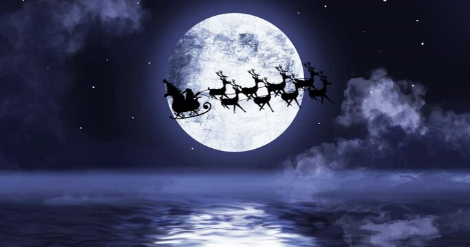 Santa clause sleigh and reindeer flying over the moon and water