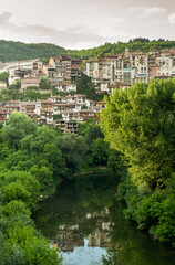 View of Veliko Tarnovo, a city in north central Bulgaria. Houses built on a steep mountain.