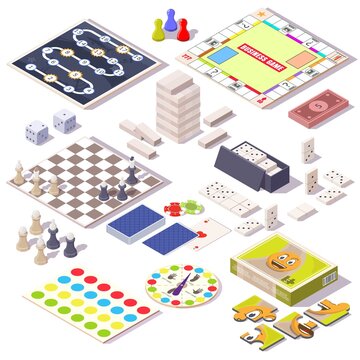 Board game set. Monopoly, jenga, chess, dominoes, jigsaw puzzle, playing cards, spinner, vector isometric illustration.