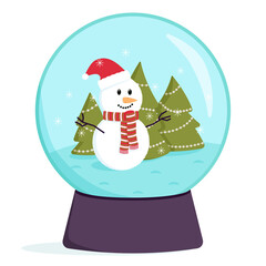 A snow globe with a cute snowman in a hat. New Year and Christmas.