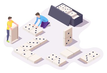 Two boys friends playing dominoes board game sitting on floor, vector isometric illustration. Home leisure activities.