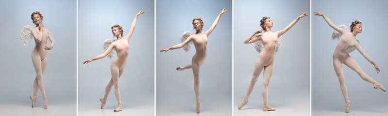 Collage. Young and graceful ballet dancer, ballerina dancing isolated on white gray studio...