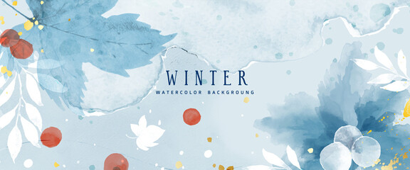 Watercolor abstract winter background with flower and seasonal leaves