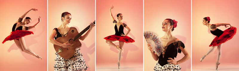 Naklejka premium Collage of portraits of one female ballet dancer, ballerina wearing spanish costume dancing isolated on multicolored background in neon light.