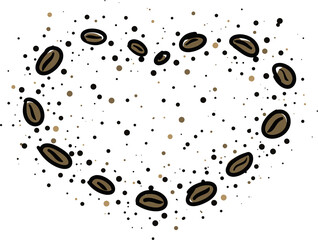 Coffee beans scattered in the form of a heart