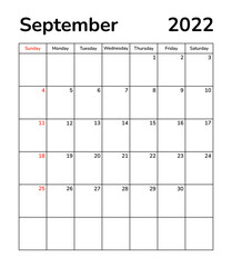 Planner monthly pages 2022. September month calendar page. Organizer scheduler timetable vector template. Wall desk table corporate calendar. Week starts on Sunday. Back to school. Autumn fall months