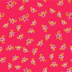 Line Flying bat icon isolated seamless pattern on red background. Happy Halloween party. Vector