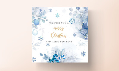 beautiful christmas card template with white and blue christmas ornaments