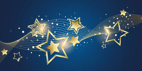 Gold christmas stars on a blue background - Merry Christmas and Happy New Year banner - Glitter design