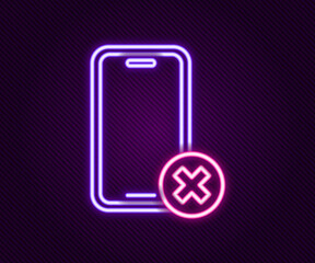 Glowing neon line No cell phone icon isolated on black background. No talking and calling sign. Cell prohibition. Colorful outline concept. Vector