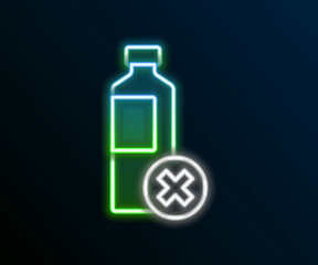 Glowing neon line No water bottle icon isolated on black background. No plastic bottle. Water bottle ban sign. Colorful outline concept. Vector