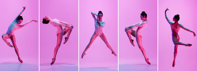 Collage. Development of movements of one beautiful ballerina dancing isolated on pink background in...