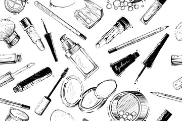 Seamless pattern of makeup products, monochrome vector