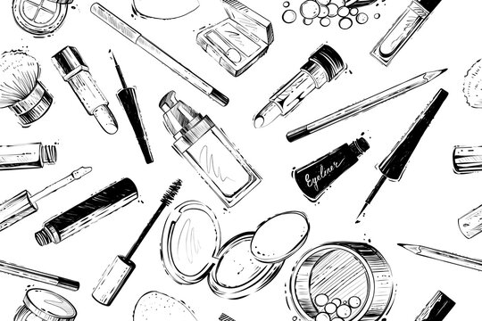 Seamless Pattern Of Makeup Products, Monochrome Vector