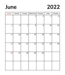 Planner monthly pages 2022. June month calendar page. Organizer scheduler timetable vector template. Wall desk table corporate calendar. Week starts on Sunday. Summer months