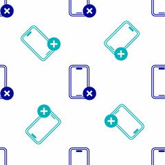 Blue No cell phone icon isolated seamless pattern on white background. No talking and calling sign. Cell prohibition. Vector
