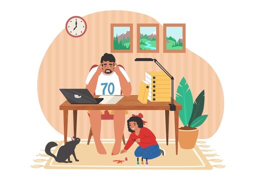 Stressed dad working on computer while naughty kid preventing him doing his work, vector illustration. Parental stress.