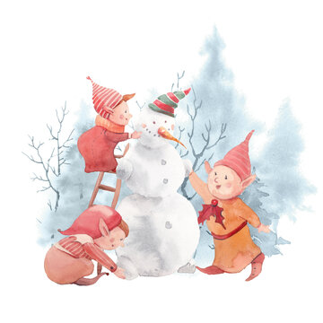 Watercolor Santa Claus elves making snowman illustration. Holiday greeting card. Winter cartoon artwork.