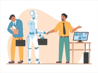 Dismissal employee, boss shaking robot hand, flat vector illustration. Artificial intelligence superiority. Automation.