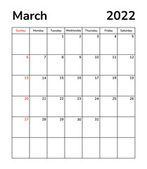 Planner monthly pages 2022. March month calendar page. Organizer scheduler timetable vector template. Wall desk table corporate calendar. Week starts on Sunday. Spring months