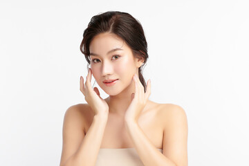 Naklejka premium Beautiful young asian woman with clean fresh skin on white background, Face care, Facial treatment, Cosmetology, beauty and spa, Asian women portrait.