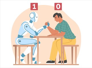 Artificial intelligence vs human, flat vector illustration. Arm wrestling fight between robot machine and businessman.