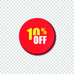 Vector 10 Percent Off Sign, Red Circle Isolated on Light Transparent Background, Bright Offer Icon Template.