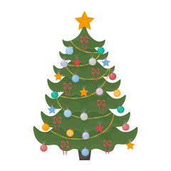 Christmas tree. A bright Christmas tree decorated with festive toys, a garland and a golden star on the top of the head. Christmas pine tree vector illustration isolated on a white background