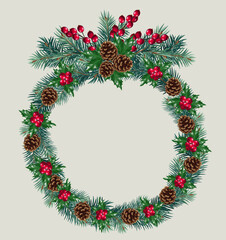 Vector Christmas round frame with pine tree branches, cones and red berries. Christmas decoration concept