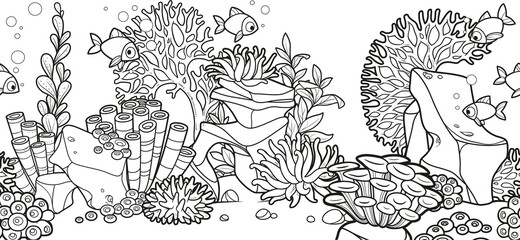 Horizontal seamless background from seabed and inhabitants  fishes, coral, anemones, seaweeds and stones linear drawing for coloring page