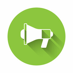 White Megaphone icon isolated with long shadow background. Speaker sign. Green circle button. Vector